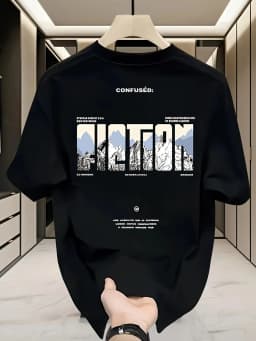 Men's Oversized T-shirt "Confused" Mountain Pattern Casual Cotton Short Sleeved Top