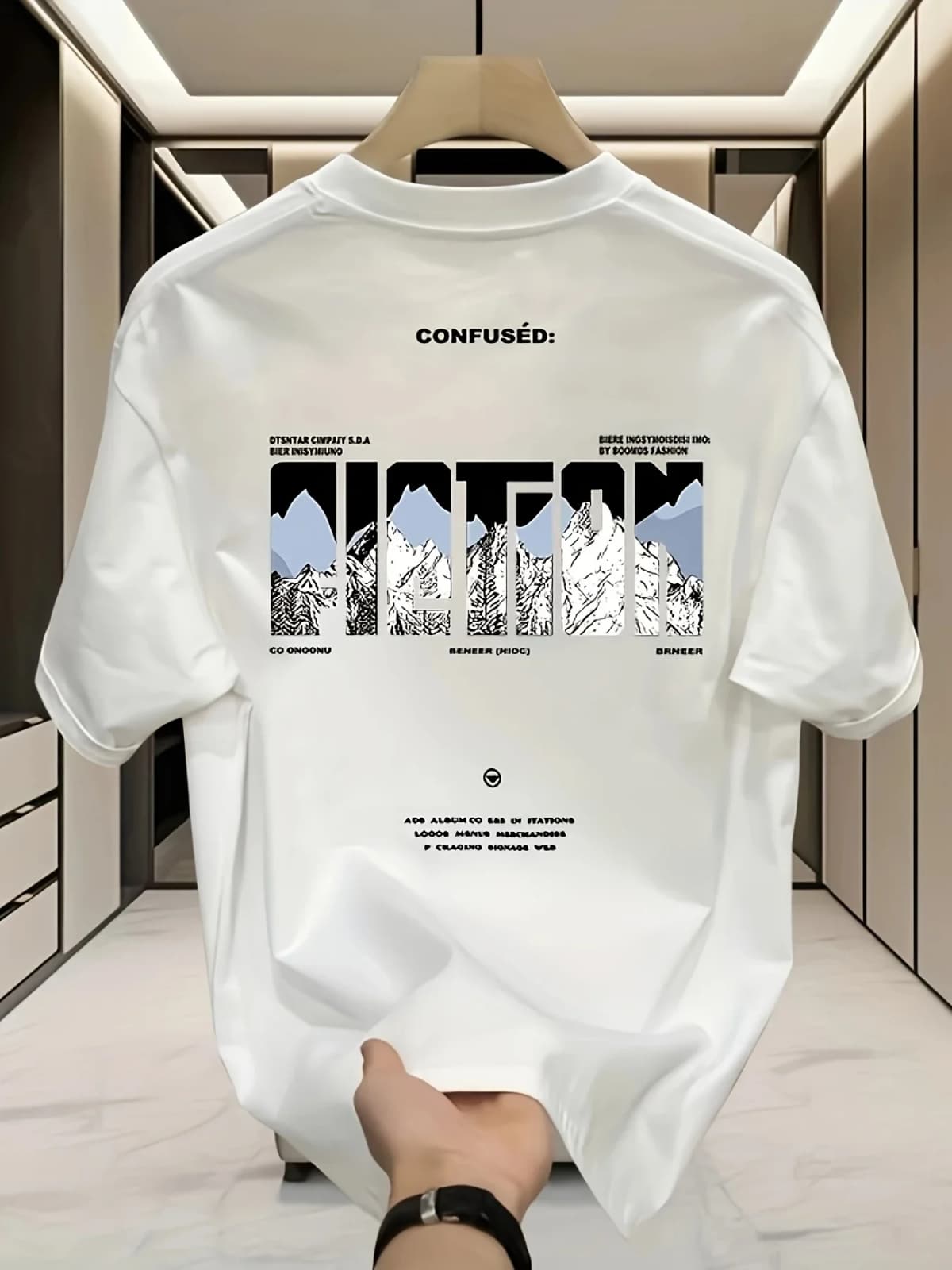 Men's Oversized T-shirt "Confused" Mountain Pattern Casual Cotton Short Sleeved Top