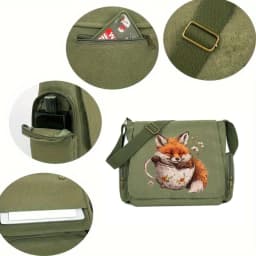 Casual Womens Messenger Bag Canvas Fox Print Large Capacity Crossbody Bag Daily Use Womens Shoulder Bag