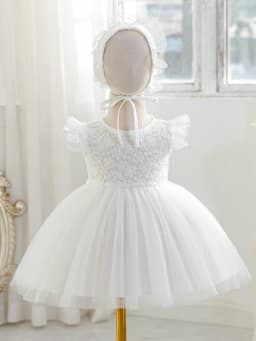 Baby Girl, 0-2 Years Old, White Dress with Lace Trim and Floral Embroidery, Fluffy Net Fabric, for Baptism, with a Hat
