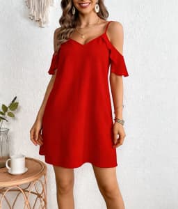 Women's Red Cold Shoulder Cami Dress Spaghetti Strap V Neck Ruffle Sleeve Loose Fit Casual Spring Summer Beach Mini Dress