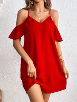 Women's Red Cold Shoulder Cami Dress Spaghetti Strap V Neck Ruffle Sleeve Loose Fit Casual Spring Summer Beach Mini Dress
