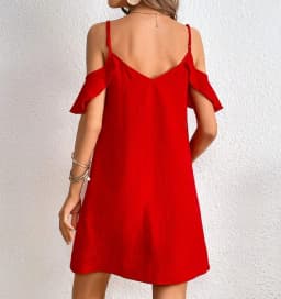 Women's Red Cold Shoulder Cami Dress Spaghetti Strap V Neck Ruffle Sleeve Loose Fit Casual Spring Summer Beach Mini Dress