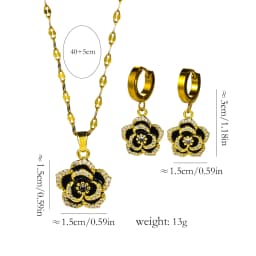 Luxury Romantic Black Rose Necklace Earrings For Women 18K Gold Plated Stainless Steel Jewelry Set Female Neck Chain Accessories