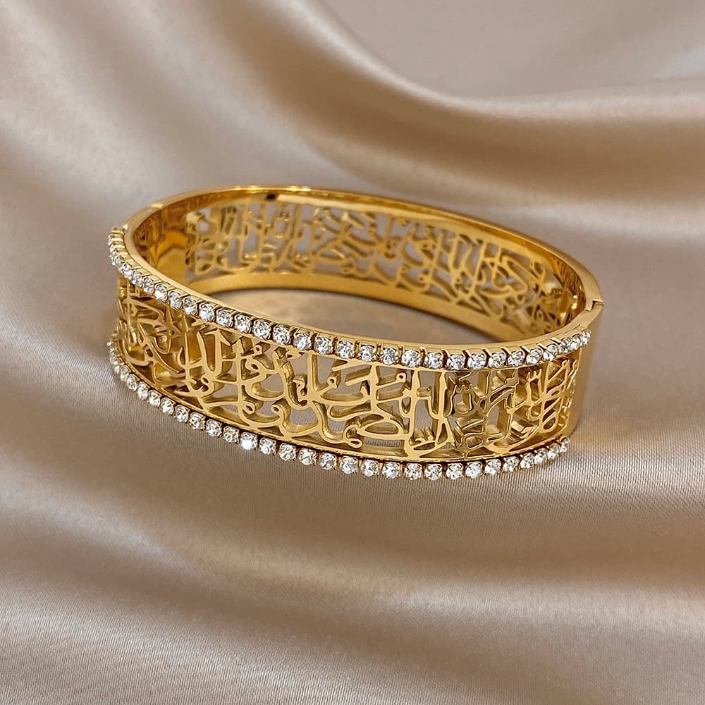 AENSOA High Quality Non-Fading Cuff Bangles For Women Men Unique Exquisite Carving Hollow Out Design Rhinestone Bracelet Jewelry