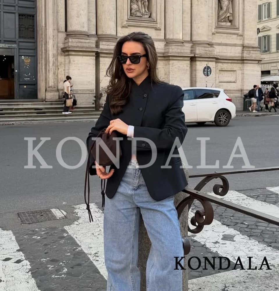 KONDALA Women Commute Pinstripe Blazer High-Neck Button Stripe Hacking Blazer 2026 Spring Summer Trends High Street Lady Blazer