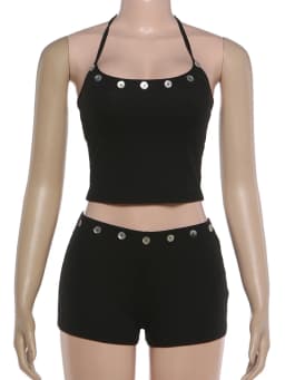 Kliou Button Patchwork 2 Piece Set Woman Halter Backless Navel Exposed Camisole Tops+Skinny Peach Hip Shorts Sexy Fashion Suits