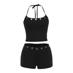Kliou Button Patchwork 2 Piece Set Woman Halter Backless Navel Exposed Camisole Tops+Skinny Peach Hip Shorts Sexy Fashion Suits