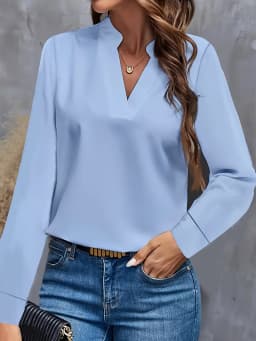 Women's Elegant Solid Light Blue V-Neck Long Sleeve Blouse with Flowy Loose Fit and Notch Collar for Casual Office Wear