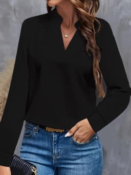 Women's Elegant Solid Light Blue V-Neck Long Sleeve Blouse with Flowy Loose Fit and Notch Collar for Casual Office Wear