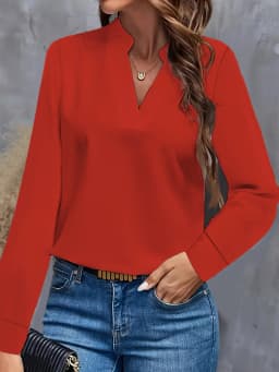 Women's Elegant Solid Light Blue V-Neck Long Sleeve Blouse with Flowy Loose Fit and Notch Collar for Casual Office Wear