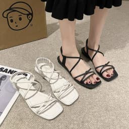Women's Square Toe Strappy Sandals Elastic Ankle Strap Open Toe Flat Summer Sandals for Casual Dress Wear Shoes