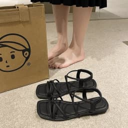 Women's Square Toe Strappy Sandals Elastic Ankle Strap Open Toe Flat Summer Sandals for Casual Dress Wear Shoes