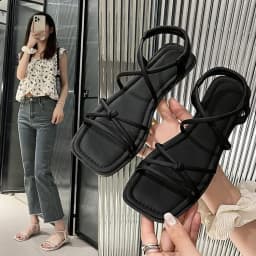 Women's Square Toe Strappy Sandals Elastic Ankle Strap Open Toe Flat Summer Sandals for Casual Dress Wear Shoes