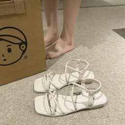 Women's Square Toe Strappy Sandals Elastic Ankle Strap Open Toe Flat Summer Sandals for Casual Dress Wear Shoes