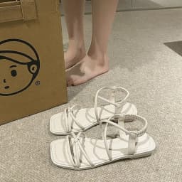 Women's Square Toe Strappy Sandals Elastic Ankle Strap Open Toe Flat Summer Sandals for Casual Dress Wear Shoes
