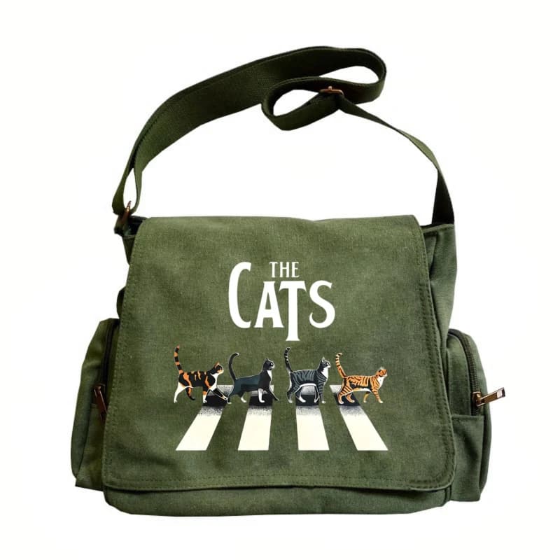 Retro Womens Messenger Bag Canvas Quirky Cat Print Large Capacity Crossbody Bag Daily Use Mens Shoulder Bag