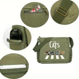 Retro Womens Messenger Bag Canvas Quirky Cat Print Large Capacity Crossbody Bag Daily Use Mens Shoulder Bag