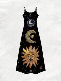 Retro Astral Print Slip Dress with Moon Sun Star Pattern Round Neck Sleeveless Summer Maxi Dress for Women Casual Beach Party