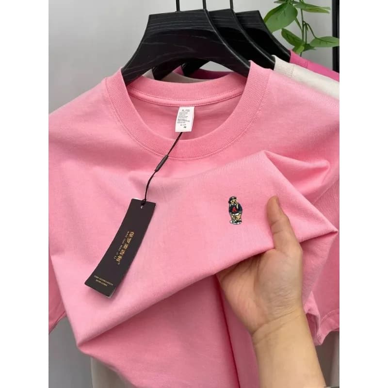 High-end pure cotton short-sleeved men's T-shirt, luxury brand printed cartoon bear, Korean style casual crew neck top for young