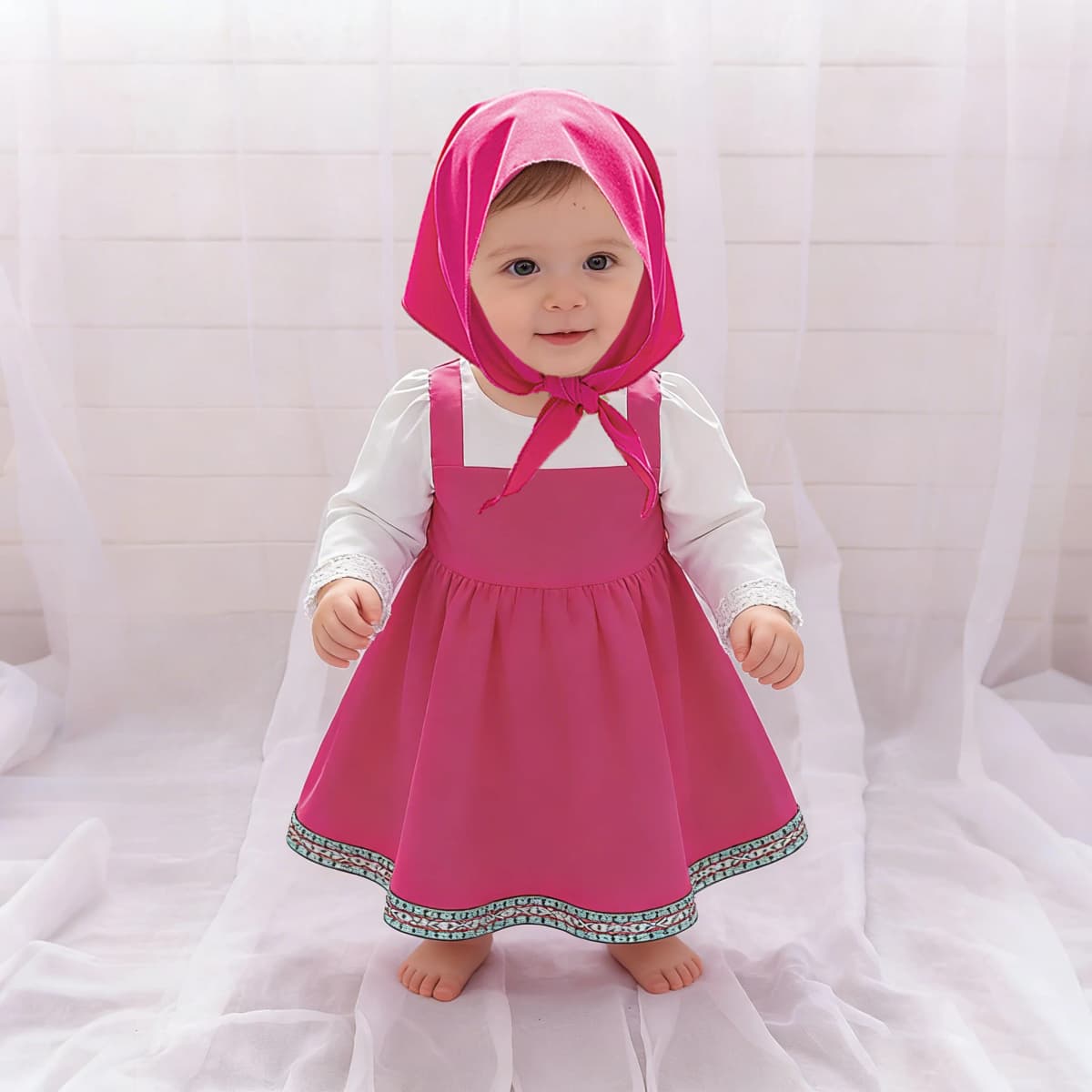 Toddler Cartoon Halloween Masha Cosplay Costume Outfit for Girls Pink Dresses Tshirt Head Scarf Cosplay Cartoon Skirt Set ASQ03