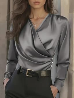 Women's Satin V-Neck Wrap Blouse with Side Buttons - Elegant Long Sleeve Shirt