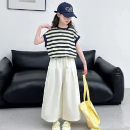 2026 Summer Girls Clothes Child Set Sleeveless Suit Teen Striped T Shirt Crop Top + Wide Leg Loose Pants 4 8 10 12 14 Years
