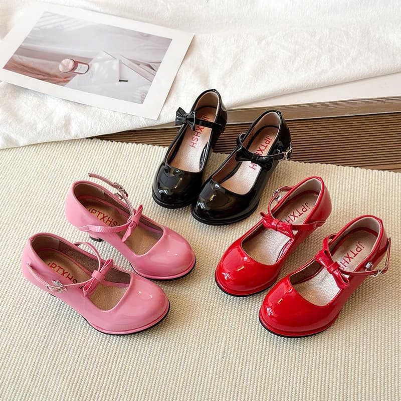 Sweet Mary Jane Shoes for Girls Pink Block Heel Shoes Girls Ages 3-18 High Heels with Shoe Box Red Fashion Kids Leather Shoes