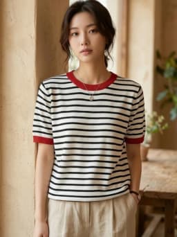 Fashion Stripe Knitted Round Collar Tees 2026 Summer Women Tops Print Short Sleeve Casual Simple Versatile Women T-Shirt
