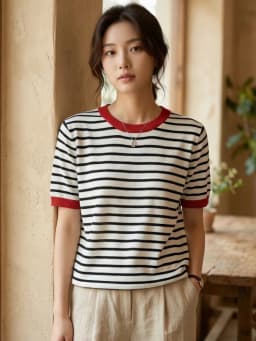 Fashion Stripe Knitted Round Collar Tees 2026 Summer Women Tops Print Short Sleeve Casual Simple Versatile Women T-Shirt