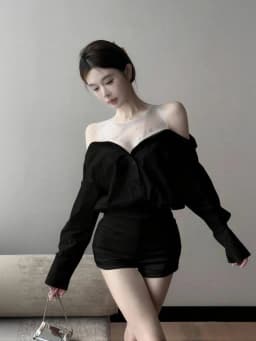 Women's Mesh Sequin Elegant Off Shoulder Shirt Long Sleeve Blouse - White Button-Up Design for Party & Casual Wear Top