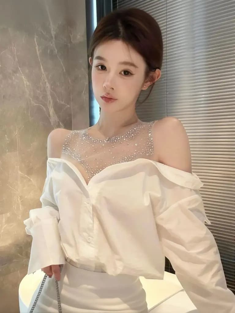 Women's Mesh Sequin Elegant Off Shoulder Shirt Long Sleeve Blouse - White Button-Up Design for Party & Casual Wear Top