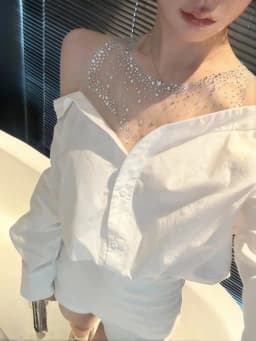 Women's Mesh Sequin Elegant Off Shoulder Shirt Long Sleeve Blouse - White Button-Up Design for Party & Casual Wear Top