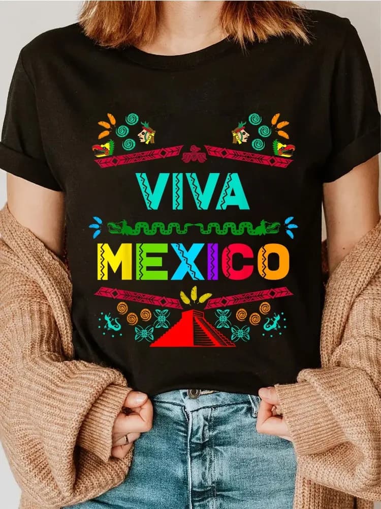 Women's Viva Mexico Pattern T-shirt May 5th and Mexican Independence Day Design Short-sleeved Casual Top Summer Fashion Clothes