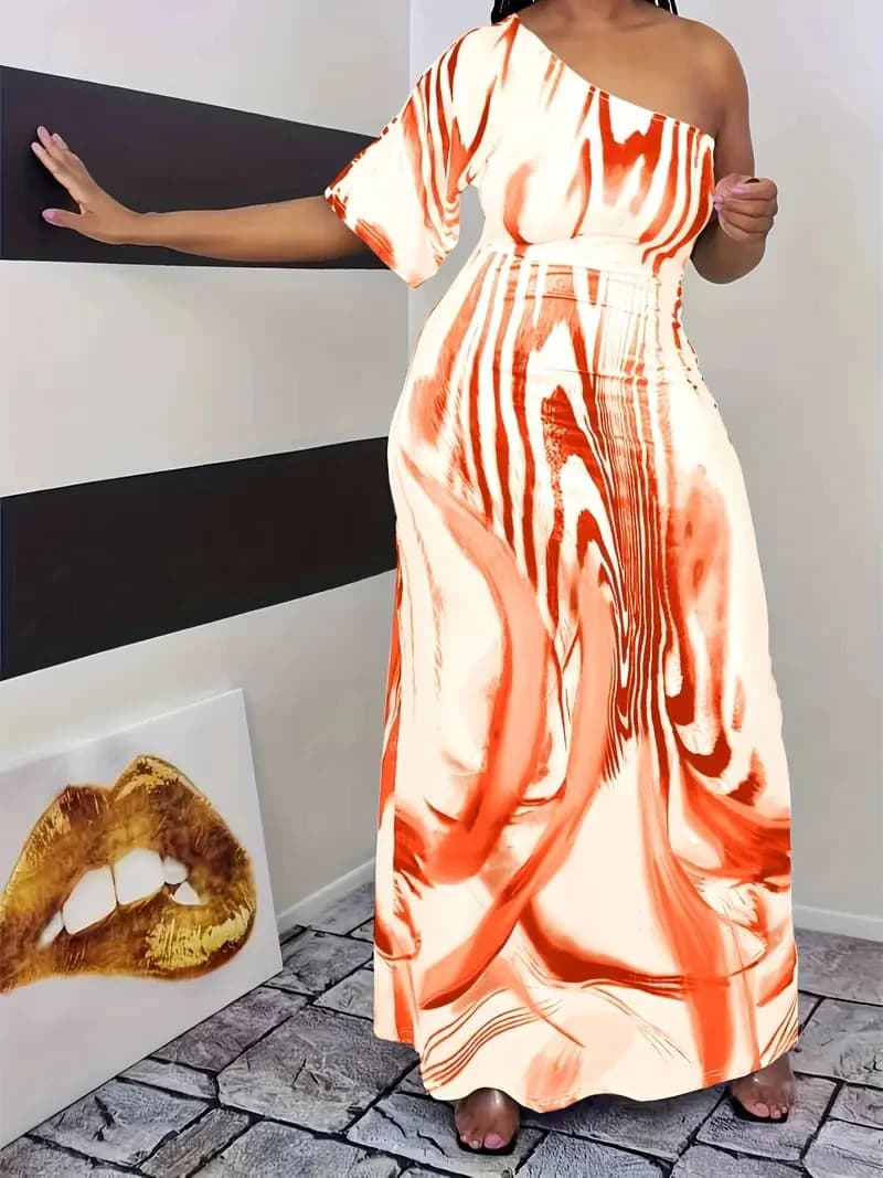 Plus size new women's fashion casual milk white printed single sleeved off shoulder dress long skirt