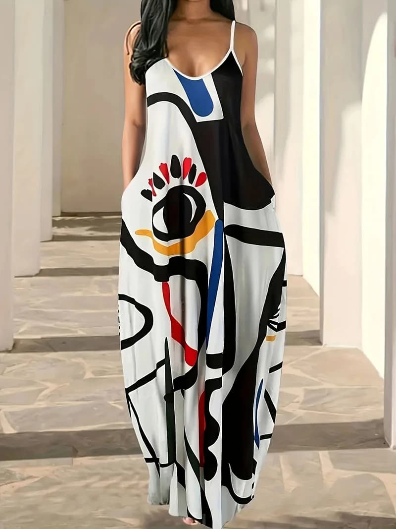 Plus SizeNew summer cool style camisole long skirt with abstract facial style, digital print temperament, street dress for women
