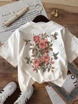 Vintage Pink Rose T Shirt Funny Hummingbird Floral Graphic Unisex Harajuku Aesthetic Loose Short Sleeve White Summer Tops Tee