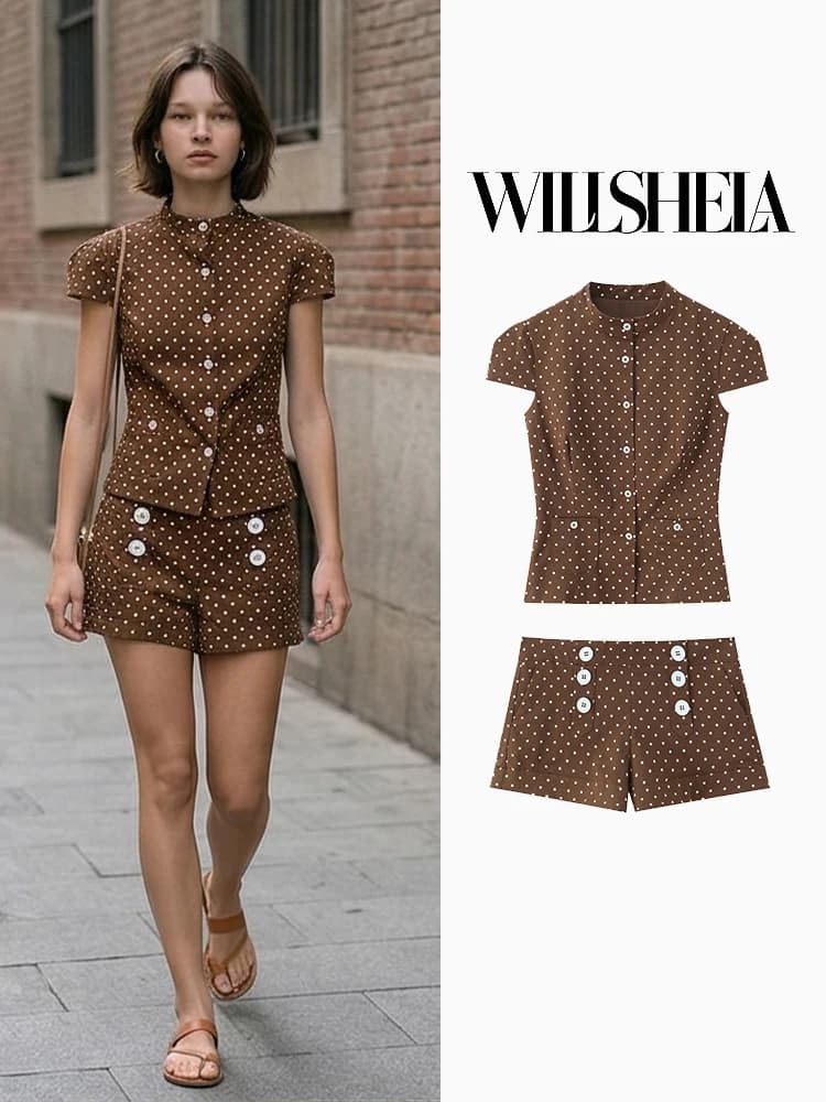 Willshela Women Fashion 2 Piece Set Brown Single Breasted Tanks & Front Zipper Shorts With Button Female Chic Lady Shorts Sets