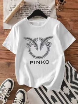 【12081】Two bird print women's round neck T-shirt summer casual short sleeved top street fashion women's versatile