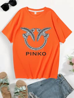 【12081】Two bird print women's round neck T-shirt summer casual short sleeved top street fashion women's versatile