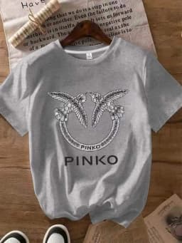 【12081】Two bird print women's round neck T-shirt summer casual short sleeved top street fashion women's versatile