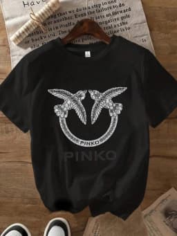 【12081】Two bird print women's round neck T-shirt summer casual short sleeved top street fashion women's versatile