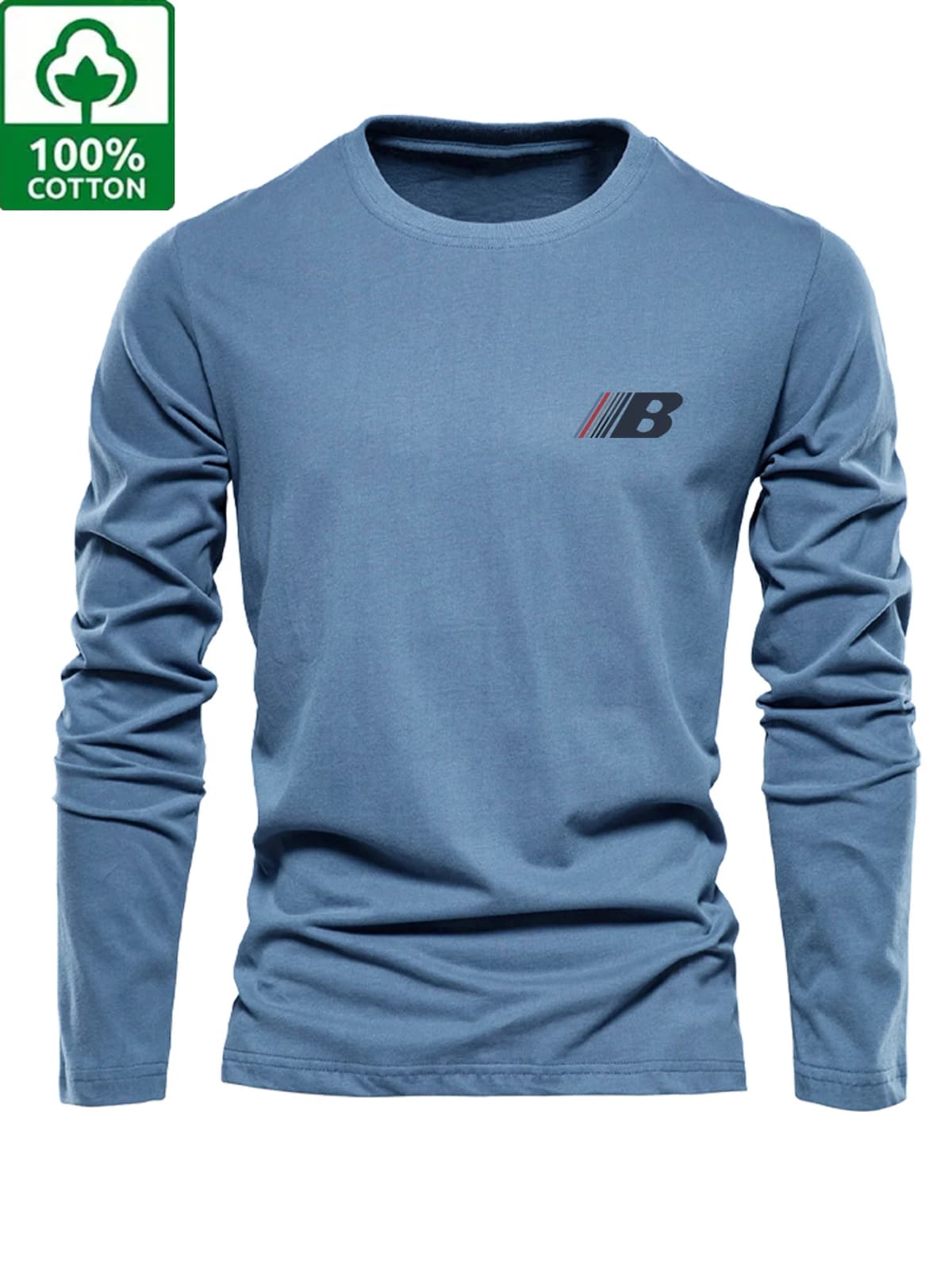 Men's 100% Pure Cotton Loose and Comfortable Casual Sports Trend Novel Printed Round Neck Long Sleeved T-Shirt Versatile Top
