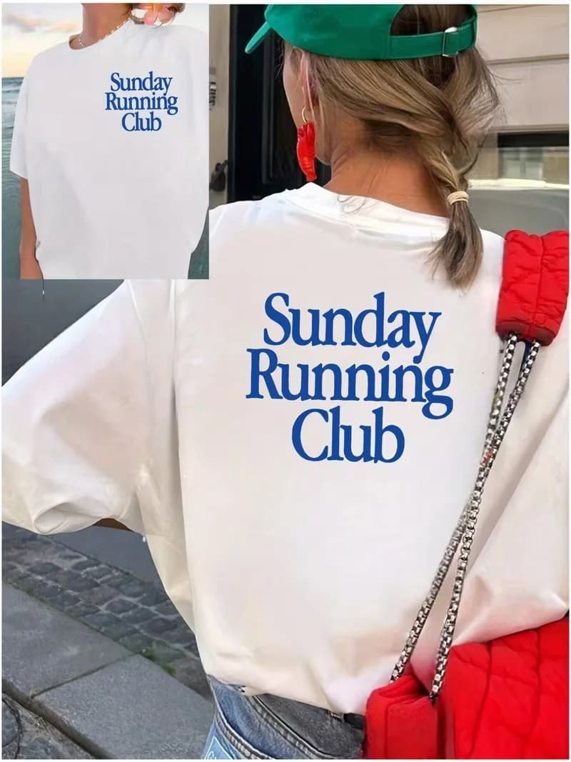 Women's T-shirt  with Sunday Running Club Graphic,Double Sided Short Sleeve Outdoor Sports Top Women's Casual Loose T Shirt