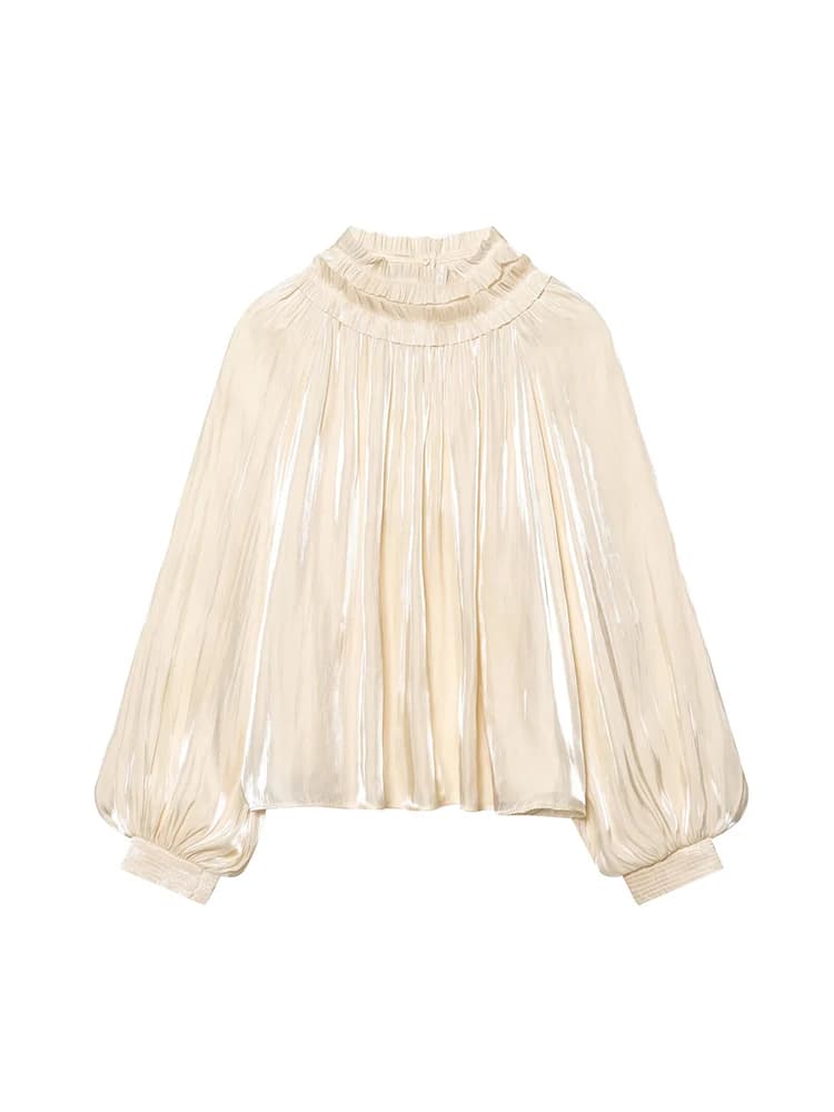 Elegant Shirt For Women 2026 Spring New Office Lady Ruffle Neck Loose Long Sleeved Blouse Chic Soft Ladies Commuter Top