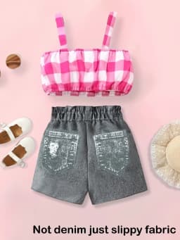 Denim Look Girls 2 Piece Shorts Set Pink Gingham Bow Top & Ripped Distressed Shorts Fashion Outfit(Not denim just slippy fabric)