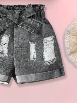 Denim Look Girls 2 Piece Shorts Set Pink Gingham Bow Top & Ripped Distressed Shorts Fashion Outfit(Not denim just slippy fabric)