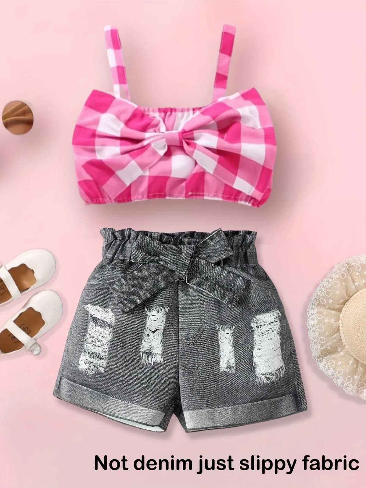 Denim Look Girls 2 Piece Shorts Set Pink Gingham Bow Top & Ripped Distressed Shorts Fashion Outfit(Not denim just slippy fabric)