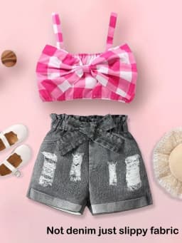Denim Look Girls 2 Piece Shorts Set Pink Gingham Bow Top & Ripped Distressed Shorts Fashion Outfit(Not denim just slippy fabric)