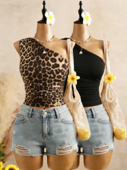 Women 2 Pack One Shoulder Ruched Crop Top Set Casual Sleeveless Leopard Print & Solid Crop Top Set